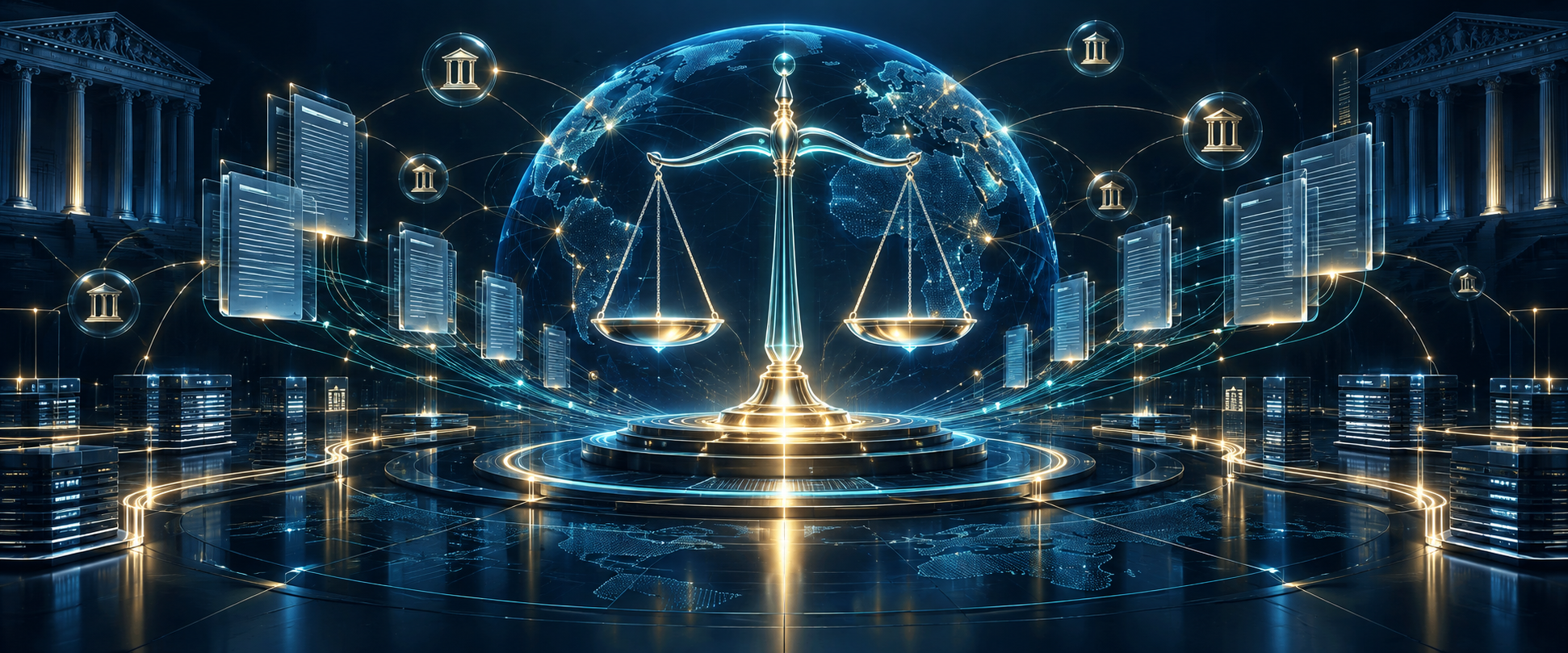 Futuristic global legal intelligence network with scales of justice, connected jurisdictions, and digital documents